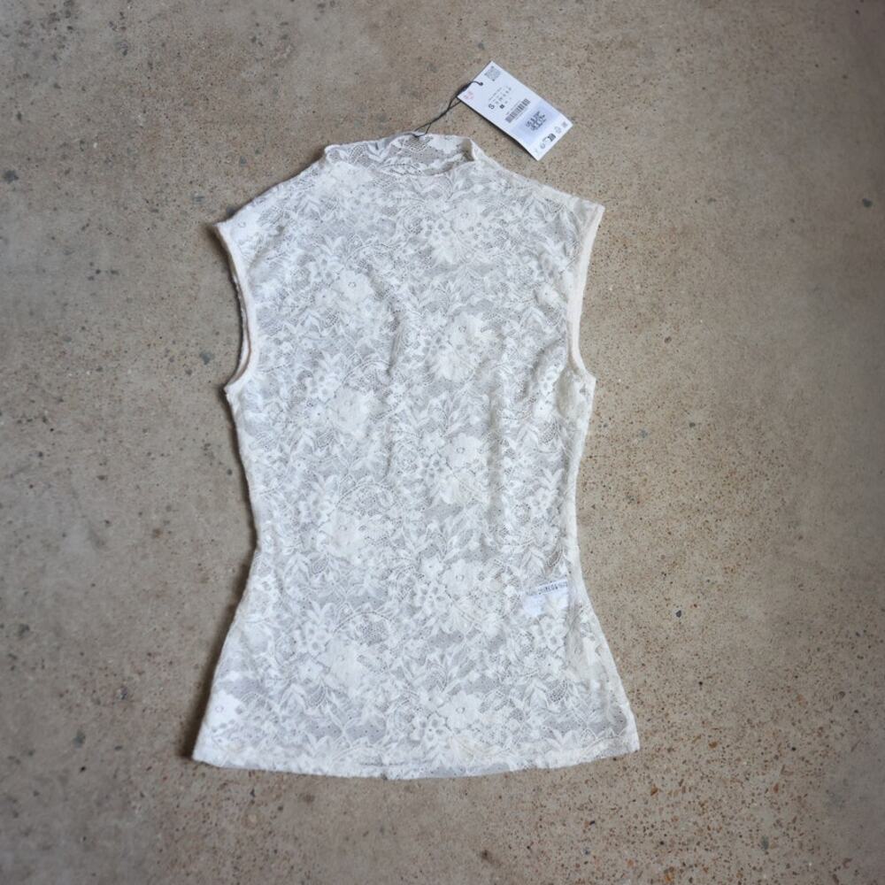 Zara NWT Ivory Floral Lace Sheer Top Size Small Romantic Boho Y2K